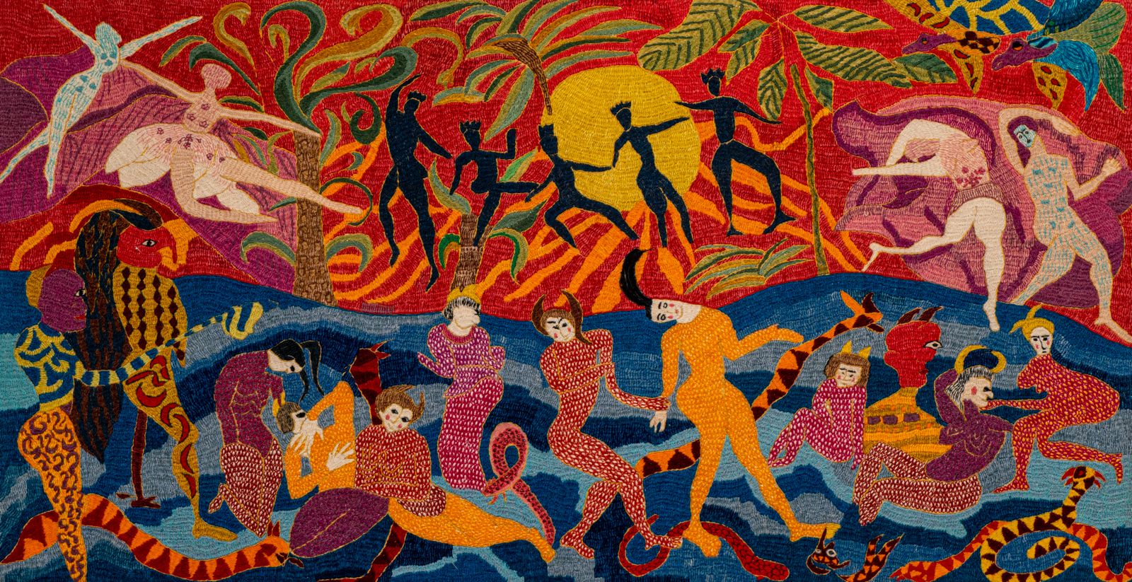 Sara Qashghai, Humans and Anthropoids in a Dance of Liberty, 2023. Pateh Douzi on Fabric. [size: 128 x 65 cm (50.4 x 25.6 in). Photo courtesy of the artist.