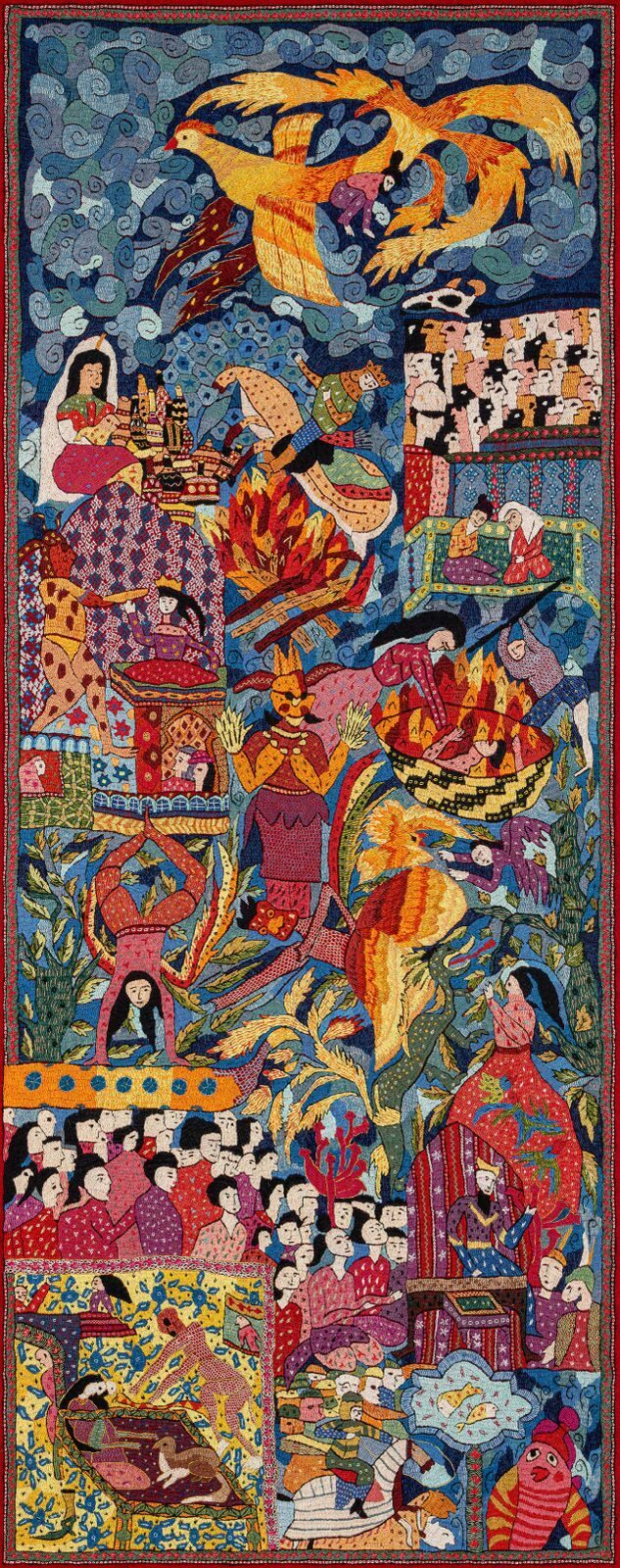 Sara Qashghai, Astonished, She Said, "The Army of Iran Has Come," Inspired by Women in Shahnameh by Ferdowsi, 2024. Pateh Douzi on Wool. Size: 300 x 100 cm (118.1 x 39.4 in). Photo courtesy of the artist.