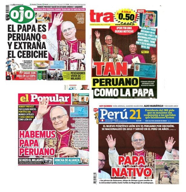 Front pages of some Peruvian newspapers on Friday, May 9, 2025. All feature the new pope.