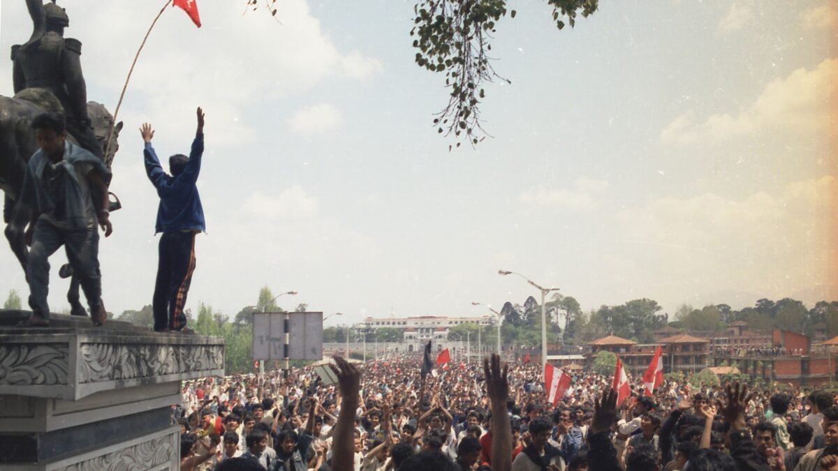 Caption: Protest during the 1990 People’s Movement, Kathmandu, Nepal. Photo by Min Ratna Bajracharya, via Wikimedia Commons (uploaded by Biplab Anand, CC-BY-SA 4.0).