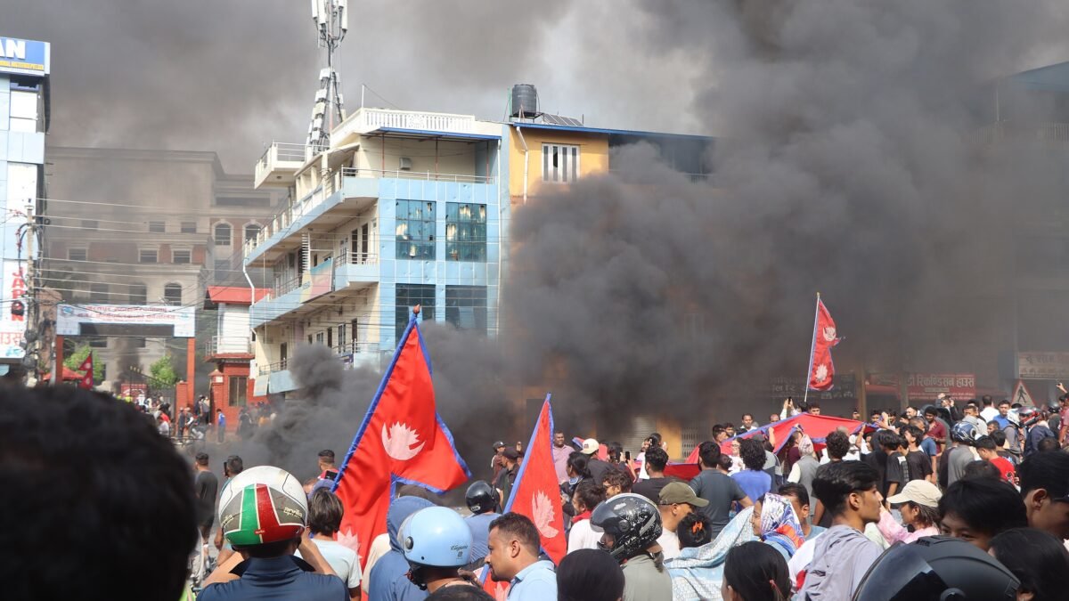 Gen Z protesters in front of Bharatpur Mahanagarpalika office, Nepal, September 2025. Photo by Himal Subedi, via Wikimedia Commons (CC-BY-SA 4.0)
