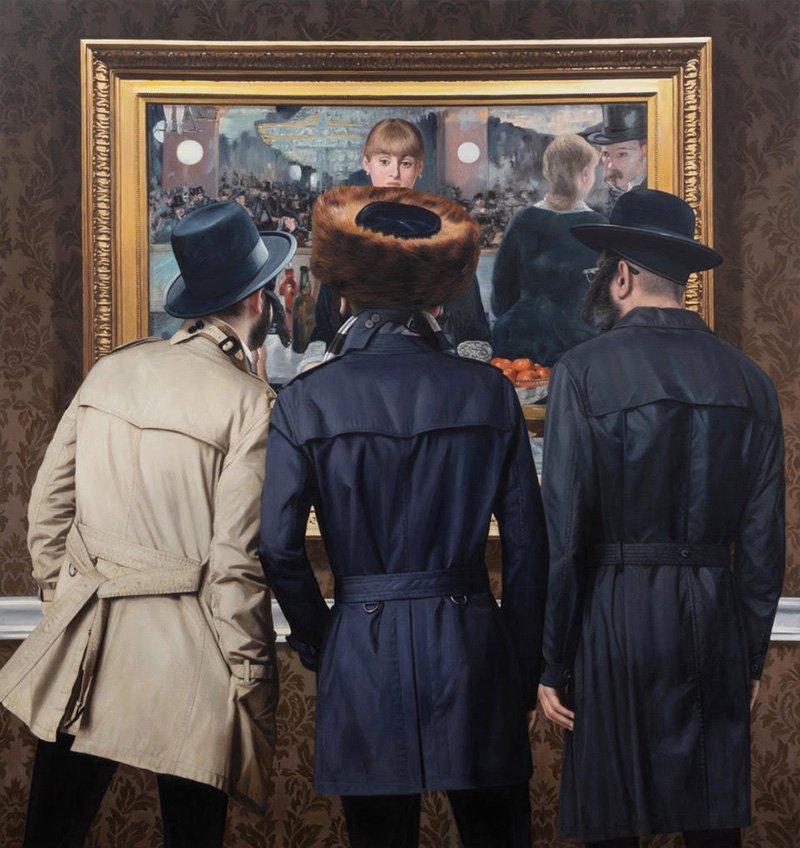 Marc Dennis, "Three Jews Walk Into a Bar,” 2023, oil on linen, 60 x 58 inches [152 × 147 cm], Picture courtesy of the artist.
