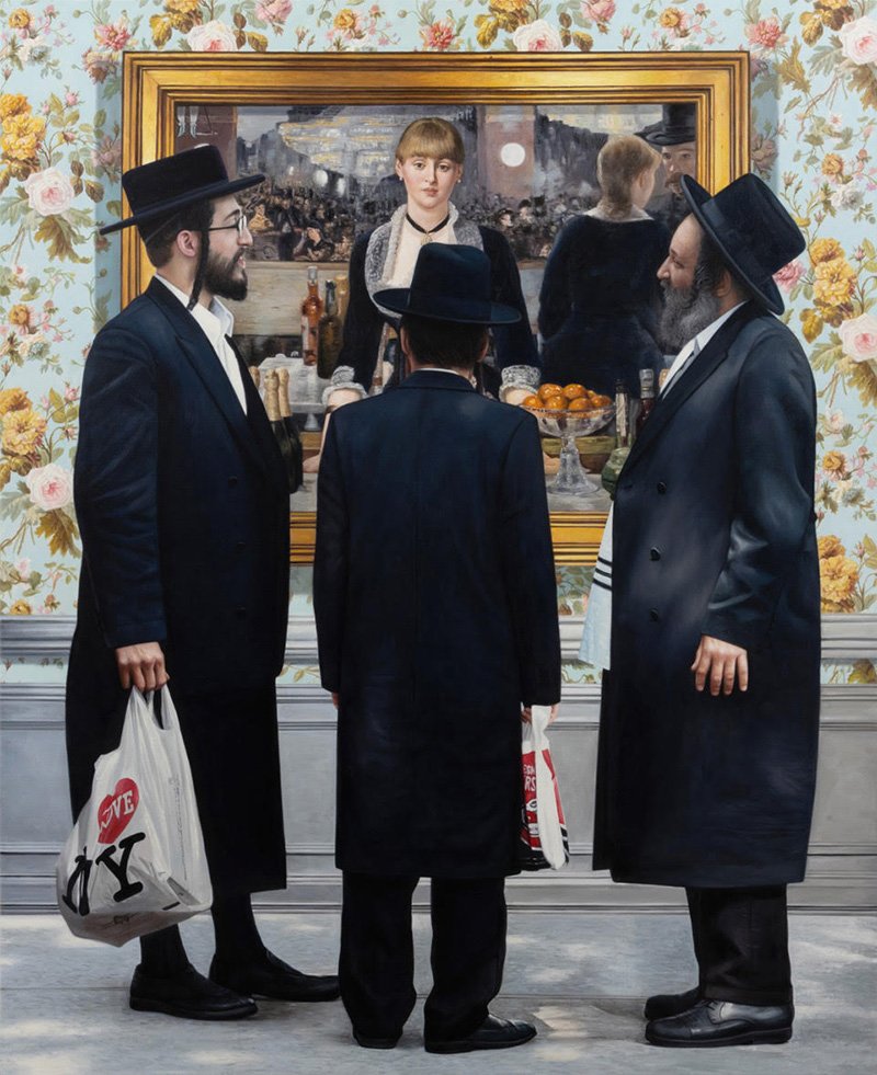 Marc Dennis, "<em>Three Jews Walk Into a Bar,</em>” 2023, oil on linen, 80 x 60 inches [≈ 203 × 152 cm], Picture courtesy of the artist.