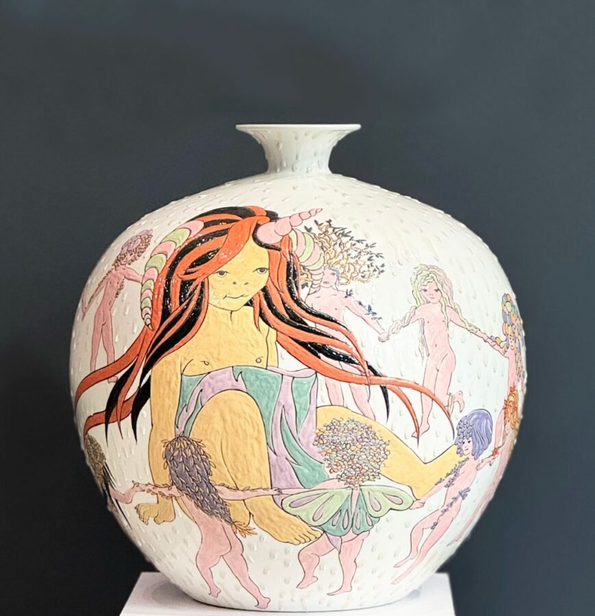 Rising Nymphs, 2025, Painted on glazed porcelain, high-fired at 1280°C. 37 x 34 x 34 cm. Photo courtesy of the artist.