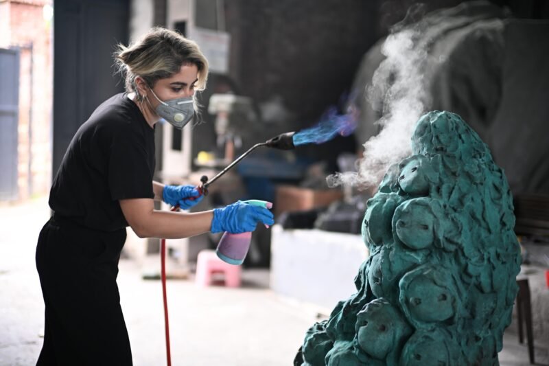 Soraya Sharghi Working on her Bronze Sculpture in China, 2025. Photo courtesy of the artist.