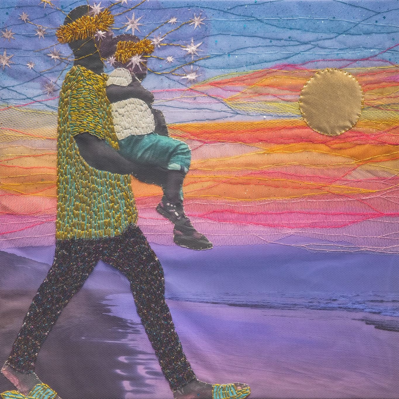 Art by Joana Choumali, ‘I Would Do Anything For You,’ Serie Alba’hian, 2025, mixed media: Digital photograph printed on cotton canvas, manual collage, embroidery, painting, sheer fabric and muslin, metallic, lurex cotton and wool threads, 50 x 50 cm (19.7 x 19.7 in), courtesy of the Artist and GALERIE FARAH FAKHRI. Photo by Hussein Makke.