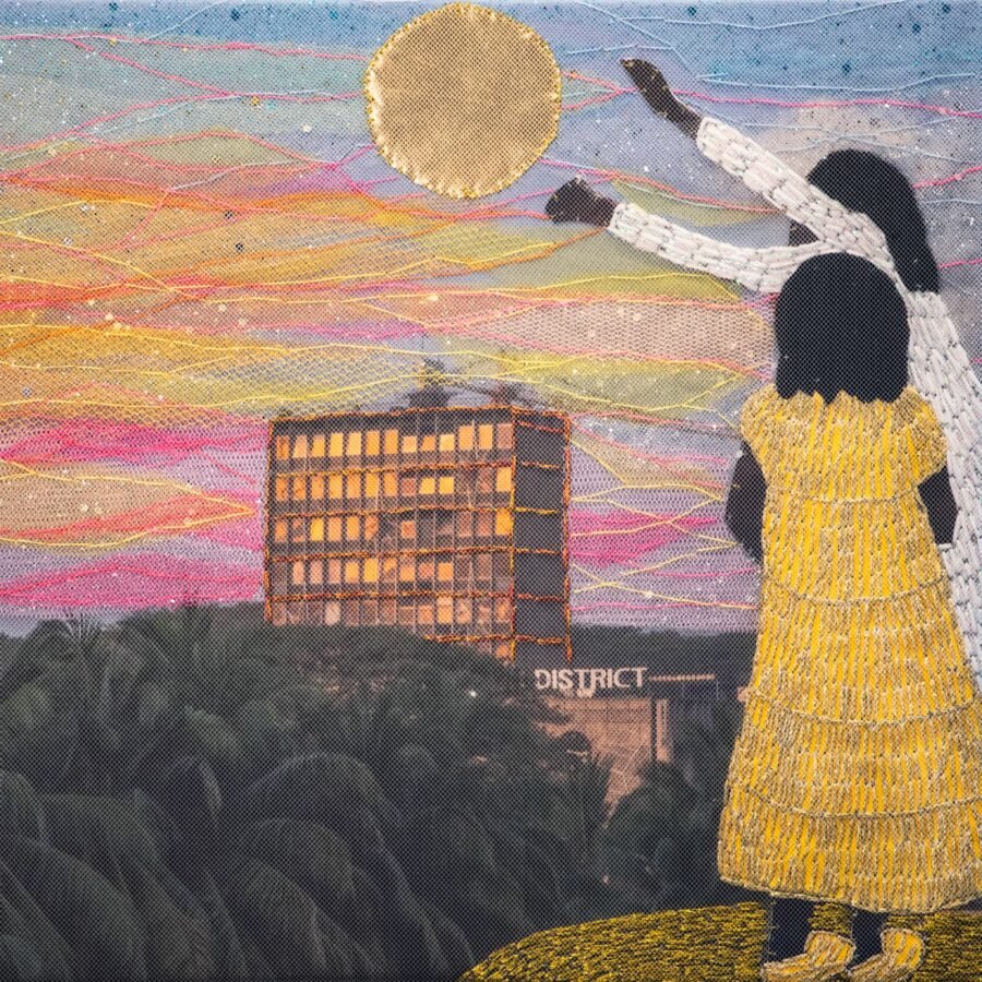 JArt by Joana Choumali, ‘If you want, we can catch the moon too,’ Serie Alba’hian, 2025 mixed media: Digital photograph printed on cotton canvas, manual collage, embroidery, painting, sheer fabric and muslin, metallic, lurex cotton and wool threads 35 x 35 cm (13.8 x 13.8), courtesy of the artist and GALERIE FARAH FAKHRI. Photo by Hussein Makke.