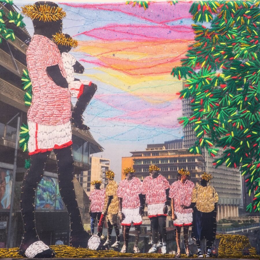 Art by Joana Choumali, ‘Va, vis, deviens!’ Serie Alba’hian, 2025, mixed media: Digital photograph printed on cotton canvas, manual collage, embroidery, painting, sheer fabric and muslin, metallic, lurex cotton and wool threads, 35 x 35 cm (13.8 x 13.8 in), courtesy of the artist and GALERIE FARAH FAKHRI. Photo by Hussein Makke.