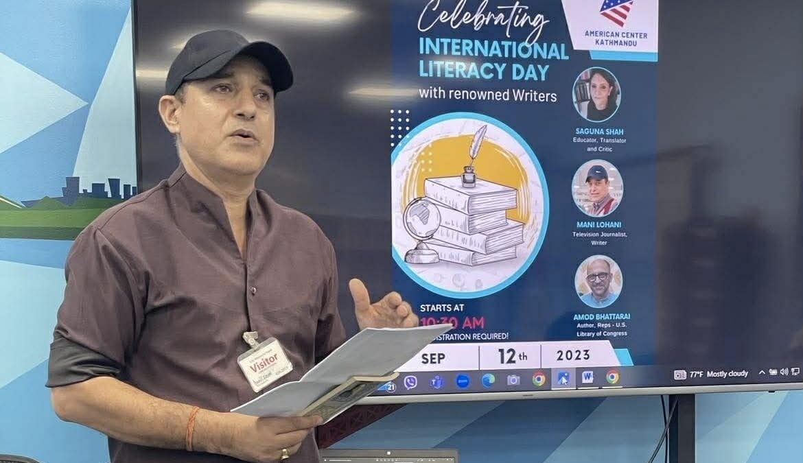 Mani Lohani reciting a poem and speaking at the International Literary Day 2023 event in Kathmandu. Image: Provided by Mani Lohani