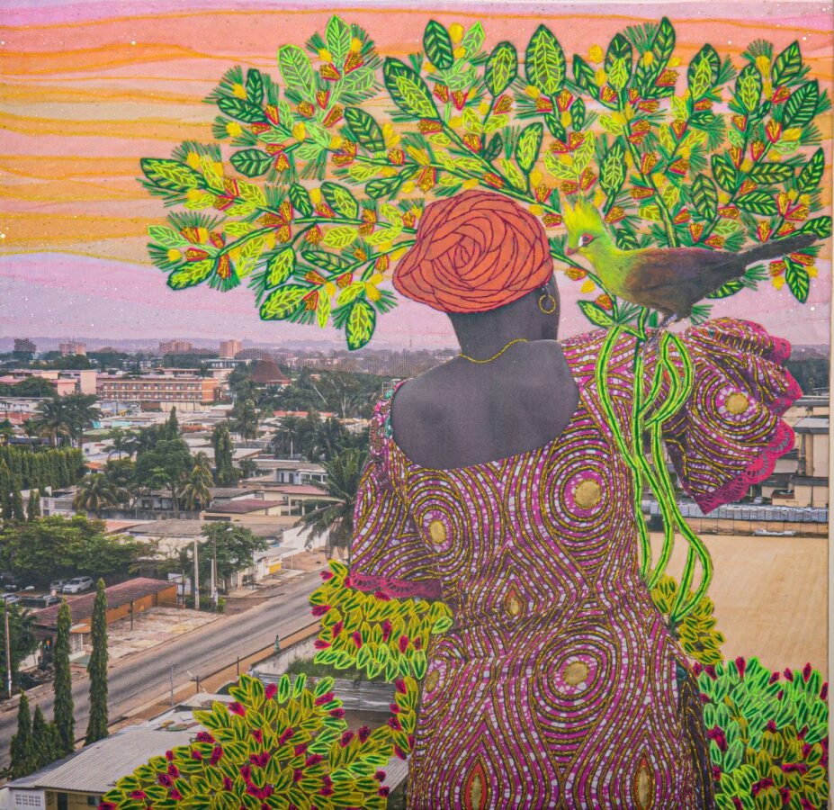 Art by Joana Choumali, ‘New Growth,’ Serie Alba’hian, 2024, mixed media: Digital photograph printed on cotton canvas, manual collage, embroidery, painting, sheer fabric and muslin, metallic, lurex cotton and wool threads80 x 80 cm (31.5 x 31.5 in), courtesy of the artist and GALERIE FARAH FAKHRI. Photo by Hussein Makke.