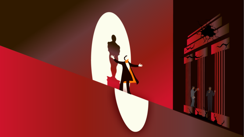 Imagen de un artista sobre un pódium con los brazos estirados, con la sombra de la estatua del premio de los Oscars detrás de él, y en el segundo plano, un edificio representando las instituciones políticas en quiebre.