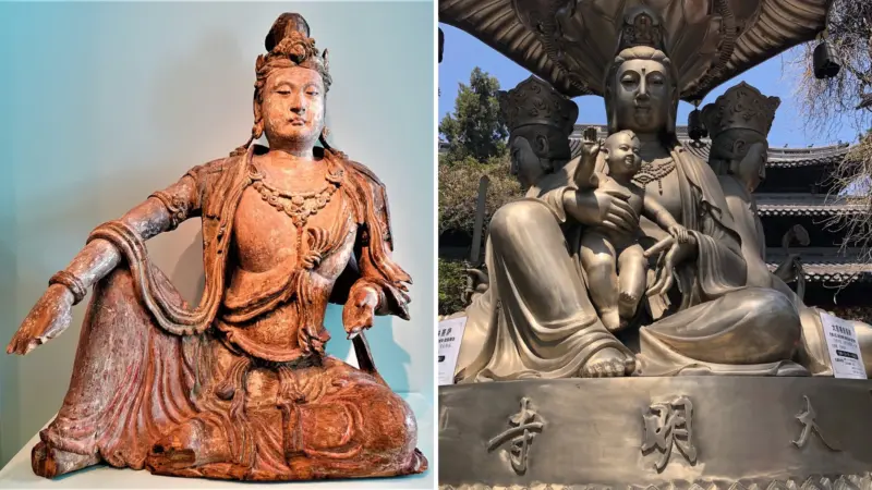 (Left) Bodhisattva Avalokiteshvara Guanyin. (Right) Chinese shrine to a statue of the Child-giving Guanyin.