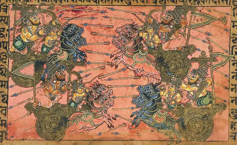 A depiction of a battle from the Hindu epic Mahabharata, between Shikhandi, a character who was born a woman but was turned into a man by a deity, and Kripa, another central figure in the epic. 